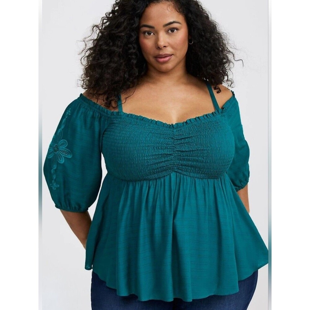 NWT Torrid 0X or Sz 12 Teal Smocked Cold-Shoulder Peasant Blouse 3688-CT
